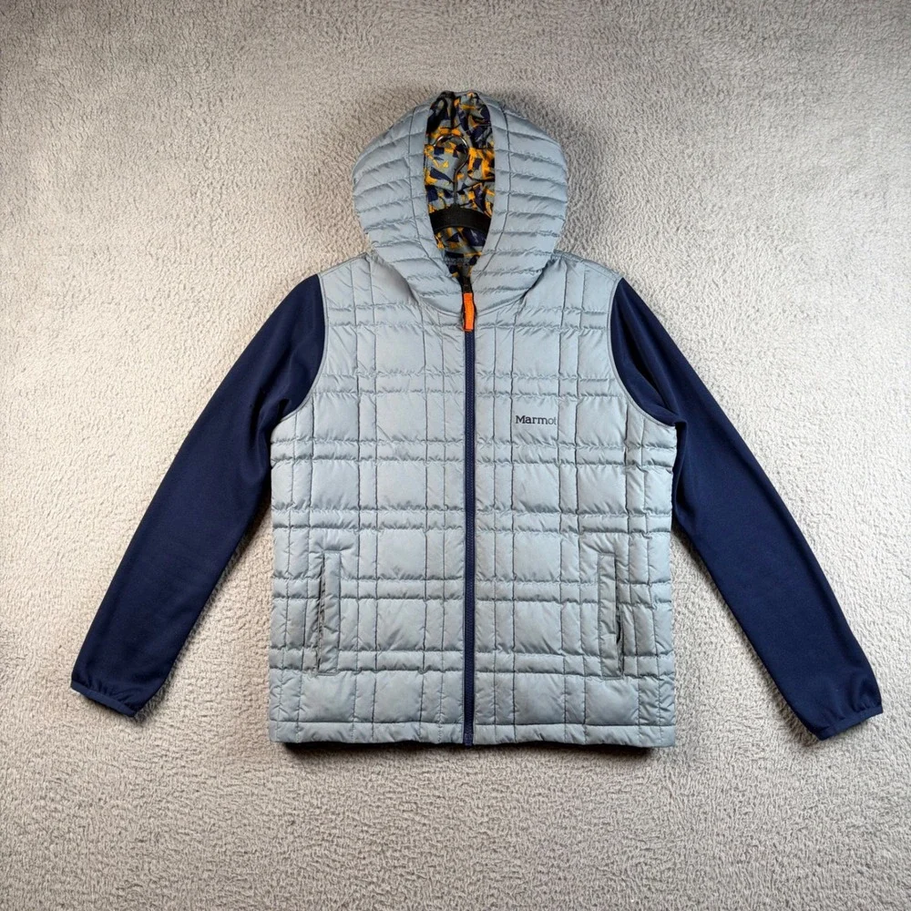 Marmot Boys Featherless Reversible Hooded Hybrid Puffer Navy Blue Grey XL Hiking